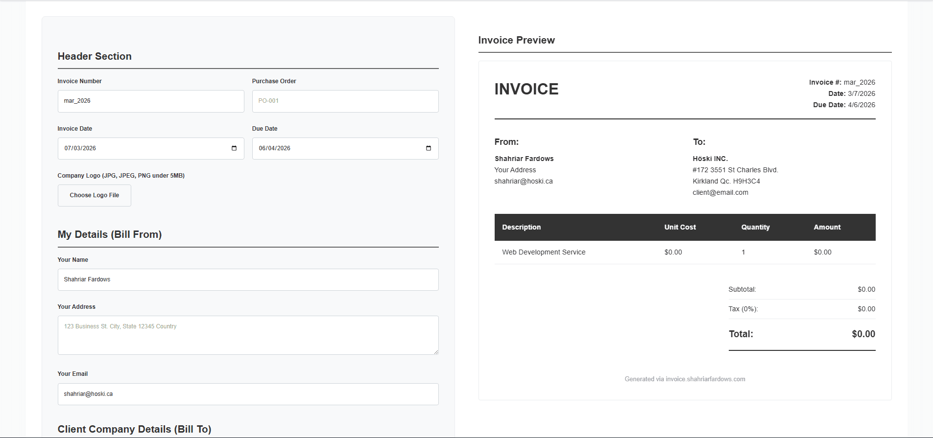 Invoice Generator Dashboard Preview